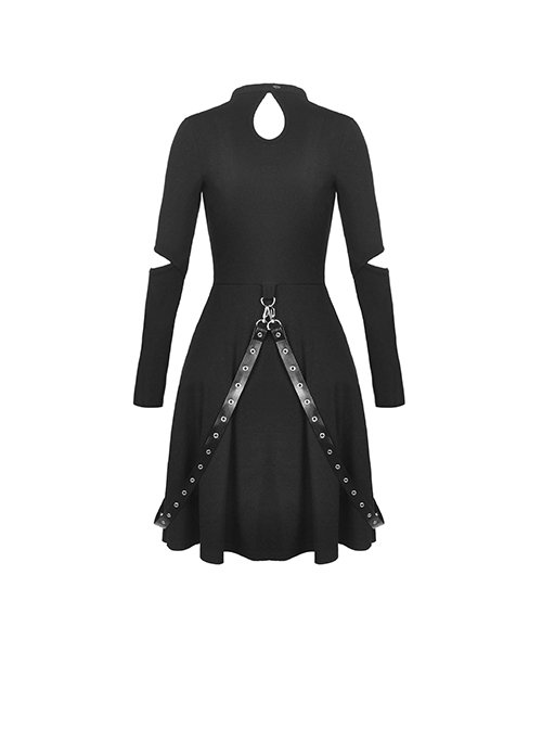 Punk Style Chest Hollow Leather Corset Bandage Rivet Decoration Black Long Sleeves Dress