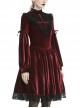 Gothic Style Black Lace Ruffled Chest Elegant Stand Collar Velvet Red Ghost Long Sleeves Dress