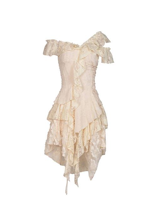 Steampunk Style Off Shoulder Layered Lace Irregular Hem Beige Cake Dress