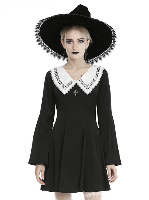 Gothic Style White Lace Doll Collar Metal Cross Pendant Black Long Trumpet Sleeves Dress