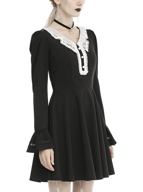 Gothic Style Retro White Button Lace Doll Collar Black Long Trumpet Sleeve Slim Dress