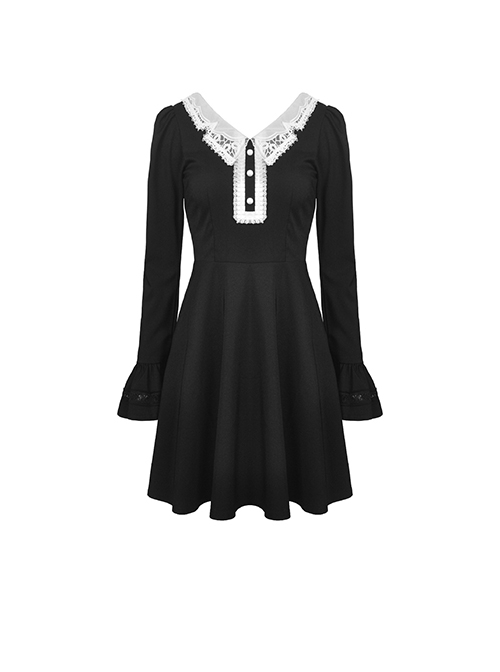 Gothic Style Retro White Button Lace Doll Collar Black Long Trumpet Sleeve Slim Dress