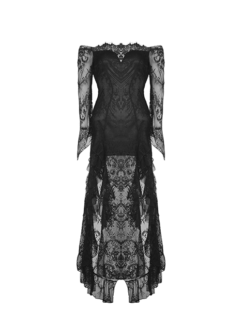 Gothic Style Sexy One Shoulder Retro Lace Trailing Black Elegant Long Sleeves Slim Dress