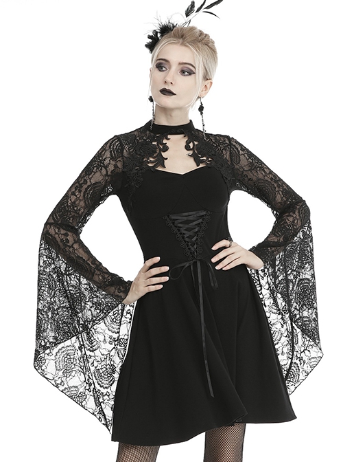 Gothic Style Sexy Hollow Ribbon Drawstring Lace Mesh On The Chest Black Long Sleeves Dress