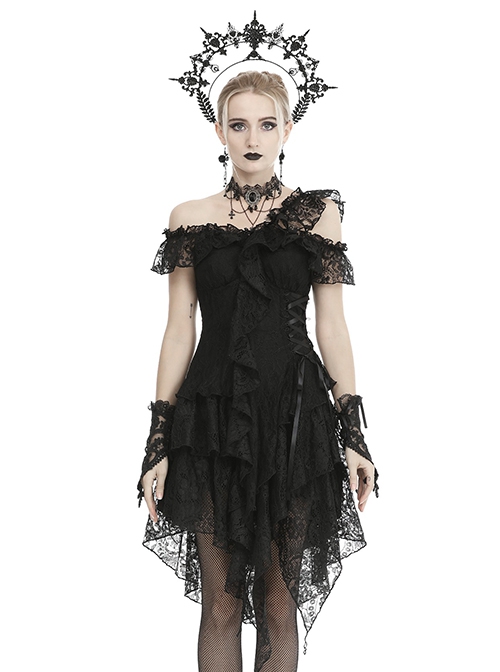 Gothic Style Off Shoulder Irregular Lace Hem Drawstring Waist Retro Gorgeous Black Suspender Dress