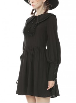 Gothic Style Cute Doll Collar Lace Pleated Retro Lantern Sleeves Black Long Sleeves Witch Dress