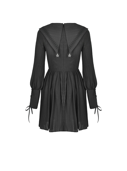 Gothic Style Cute Doll Collar Lace Pleated Retro Lantern Sleeves Black Long Sleeves Witch Dress