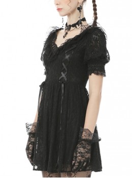 Gothic Style Retro Palace V-Neck Lace Frill Elegant Black Puff Sleeves Slim Short Dress