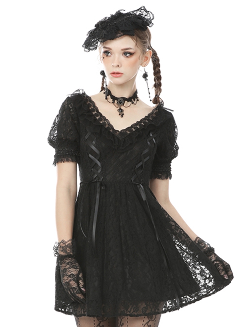 Gothic Style Retro Palace V-Neck Lace Frill Elegant Black Puff Sleeves Slim Short Dress