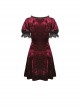 Gothic Style Luxury Velvet Black Lace Stitching Retro Wine Red Puff Sleeves Slim Dress