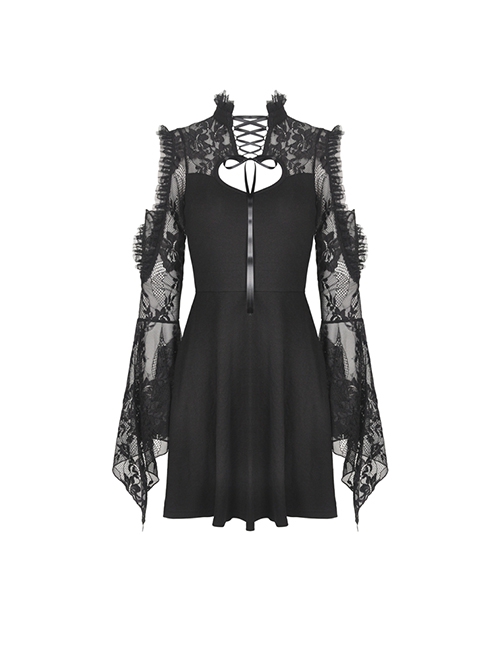 Gothic Style Stand Up Collar Lace Stitching Hollow Off Shoulder Black Trumpet Long Sleeves Dress