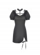 Gothic Style Lace Halter Neck Retro Puff Sleeve Silver Metal Cross Decorated Black Tight Dress