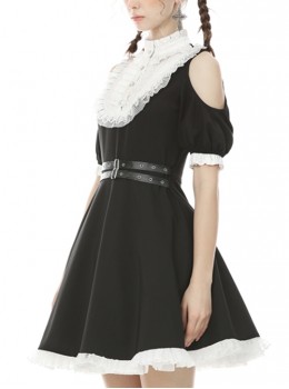 Gothic Style White Lace Splicing Stand Up Collar Off Shoulder Waist Leather Strap Black Puff Sleeves Dress