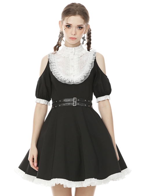 Gothic Style White Lace Splicing Stand Up Collar Off Shoulder Waist Leather Strap Black Puff Sleeves Dress