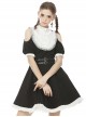 Gothic Style White Lace Splicing Stand Up Collar Off Shoulder Waist Leather Strap Black Puff Sleeves Dress