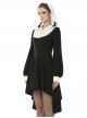 Dark Gothic Style Elegant Nun Like White Spliced Neckline Hood Lantern Sleeve Black Dress