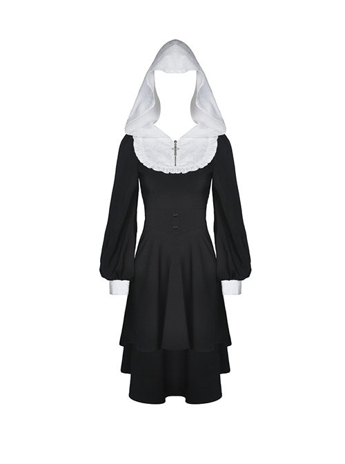 Dark Gothic Style Elegant Nun Like White Spliced Neckline Hood Lantern Sleeve Black Dress