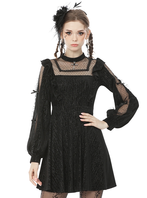 Gothic Style Stand Collar Polka Dot Mesh Lace Stitching Bowknot Cross Pendant Long Sleeves Dress