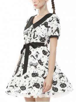 Gothic Style Elegant Lapel Love Button Unique Magic Cat Print Black And White Short Sleeves Dress