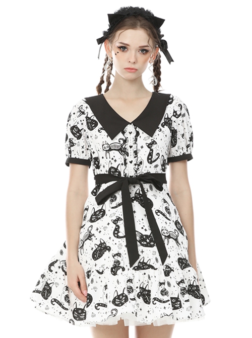 Gothic Style Elegant Lapel Love Button Unique Magic Cat Print Black And White Short Sleeves Dress