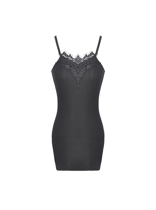 Dark Gothic Style Knitted Fabric Chest Lace Splicing Sexy Black Suspender Tight Dress