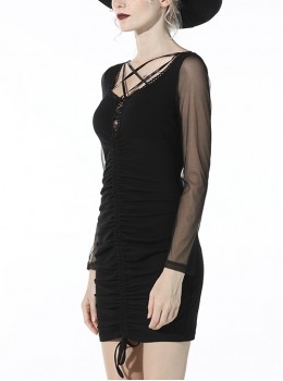 Gothic Style Fashionable Lace Splicing Ribbon Straps Sexy Mesh Long Sleeves Black Slim Short Dress