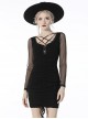 Gothic Style Fashionable Lace Splicing Ribbon Straps Sexy Mesh Long Sleeves Black Slim Short Dress