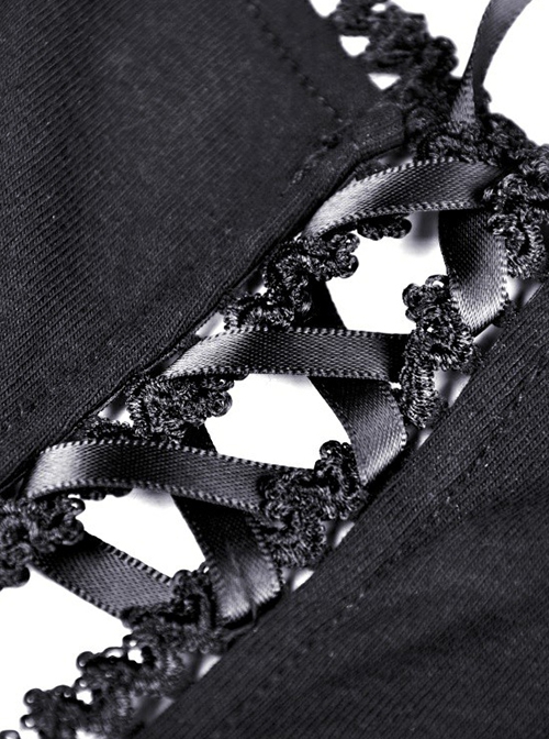 Gothic Style Fashionable Lace Splicing Ribbon Straps Sexy Mesh Long Sleeves Black Slim Short Dress