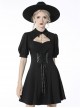 Gothic Style Exquisite Lapel Chest Hollow Silver Star Pendant Waist Strap Black Puff Sleeve Dress