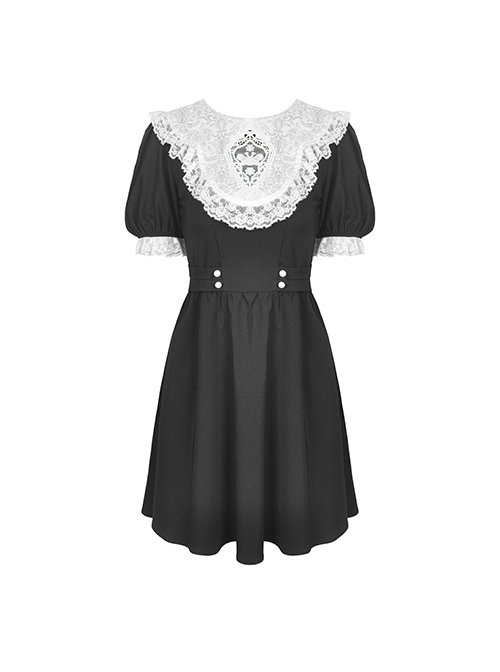 Gothic Style Cute White Lace Splicing Neckline Retro Puff Sleeves Black Exquisite Doll Dress
