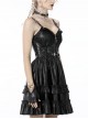 Cool Punk Style Unique Cross Zipper Chest Lace Splicing Rebellious Girl Black Leather Tight Suspender Dress