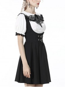 Gothic Style Cute Love Metal Buckle Daily College Style Black Slim Fit Suspender Pleated Skirt