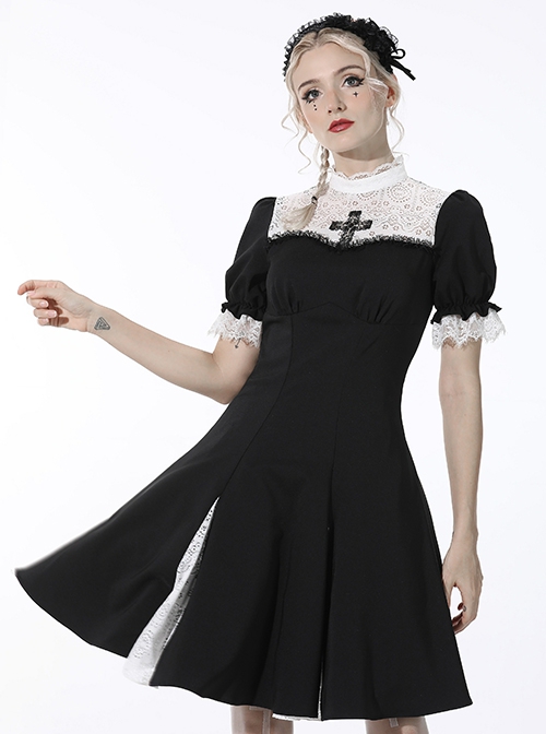 Dark Style Nun Style Stand Collar White Lace Spliced Hem Retro Puff Sleeves Black Slim Dress