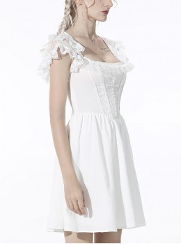 Gothic Style Elegant Square Collar Pearl Cross Embellished Backless Lace Suspender White Cotton Short Dress