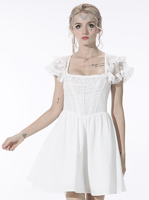 Gothic Style Elegant Square Collar Pearl Cross Embellished Backless Lace Suspender White Cotton Short Dress