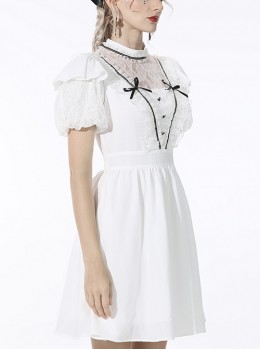 Gothic Style Sweet Heart Button Lace Splicing Retro Palace Stand Collar Puff Sleeves White Slim Dress