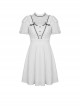 Gothic Style Sweet Heart Button Lace Splicing Retro Palace Stand Collar Puff Sleeves White Slim Dress