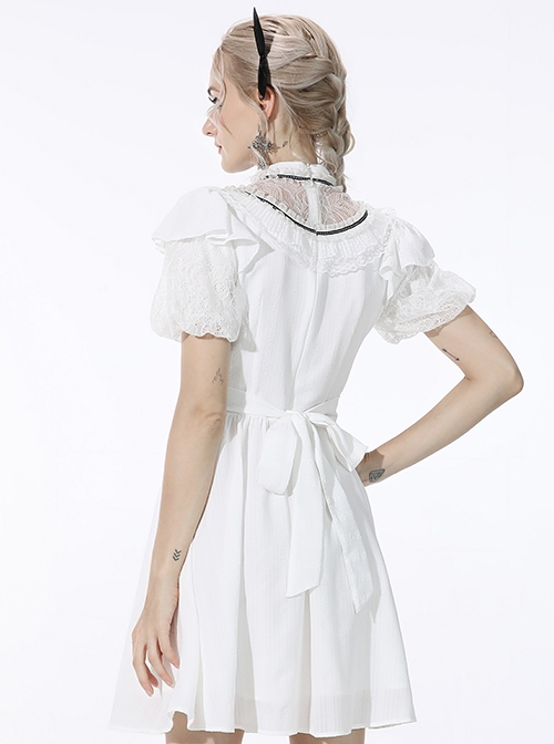 Gothic Style Sweet Heart Button Lace Splicing Retro Palace Stand Collar Puff Sleeves White Slim Dress