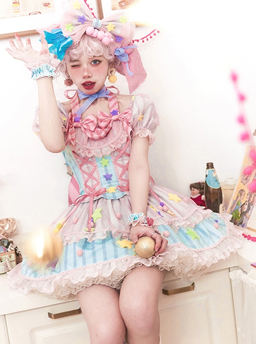 Sugar Magic Series Colorful Fantasy Pink Blue Yarn Ribbon Star Bowknot Sweet Lolita Puff Sleeve Dress Hairband Set