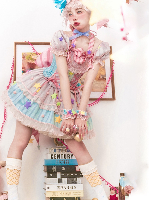 Sugar Magic Series Colorful Fantasy Pink Blue Yarn Ribbon Star Bowknot Sweet Lolita Puff Sleeve Dress Hairband Set