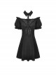 Gothic Style Lapel Halterneck Ribbon Straps Embroidered Lace Splicing Hem Sexy Off Shoulder Black Dress