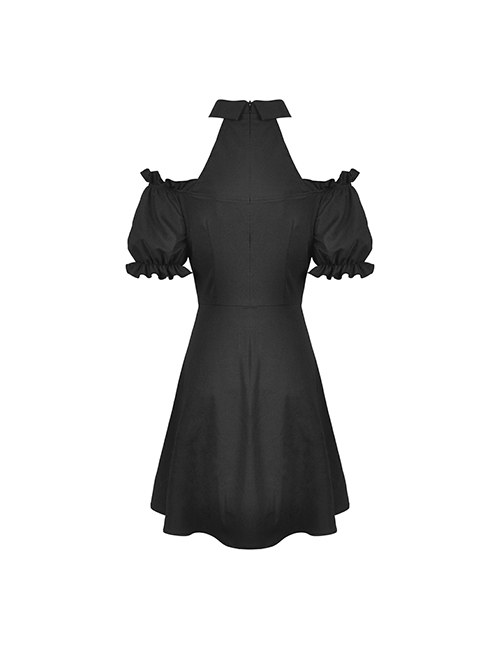 Gothic Style Lapel Halterneck Ribbon Straps Embroidered Lace Splicing Hem Sexy Off Shoulder Black Dress