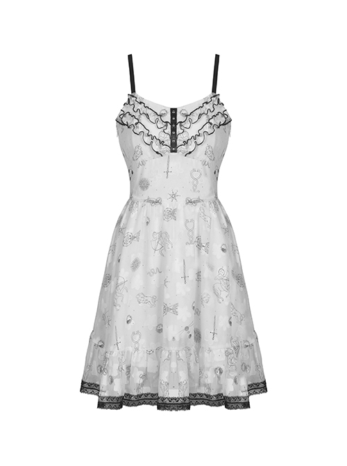 Punk Style Multi-Layered Lace Ruffles On The Chest Unique Print Decoration White Sexy Suspender Dress