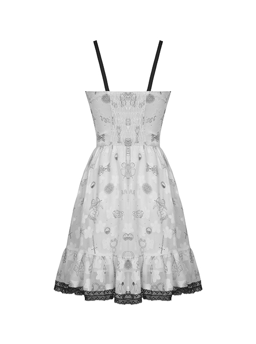 Punk Style Multi-Layered Lace Ruffles On The Chest Unique Print Decoration White Sexy Suspender Dress