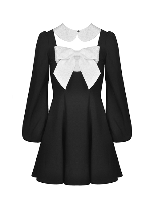 Gothic Style Cute White Doll Collar Big Bowknot Daily Black Lantern Sleeves Slim Dress