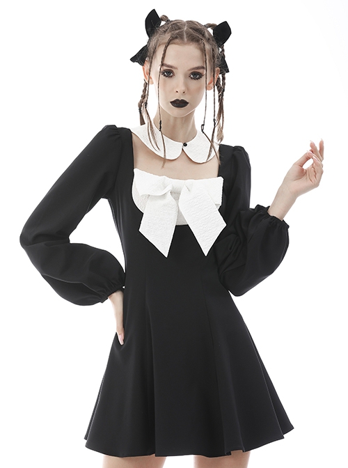 Gothic Style Cute White Doll Collar Big Bowknot Daily Black Lantern Sleeves Slim Dress