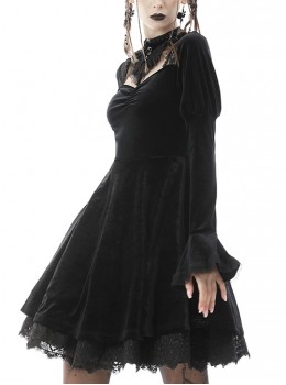 Gothic Style Elegant Stand Collar Lace Luxury Velvet Black Long Trumpet Sleeves Slim Dress