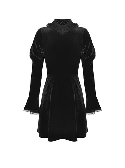 Gothic Style Elegant Stand Collar Lace Luxury Velvet Black Long Trumpet Sleeves Slim Dress