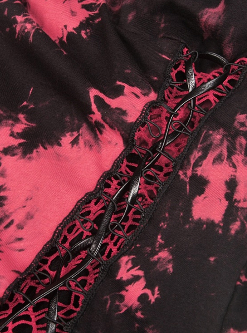 Punk Rock Style Irregular Hole Hem Metal Cross Decoration Cool Black And Red Tie-Dye Suspender Dress