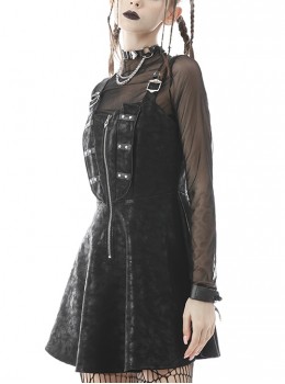 Punk Biker Style Silver Round Rivet Metal Zipper Decorated Cool Black Leather Suspender Dress